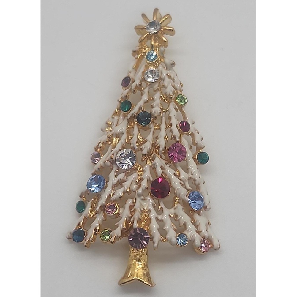 Vintage gold tone white enamel colorful rhinestone Christmas Tree pendant